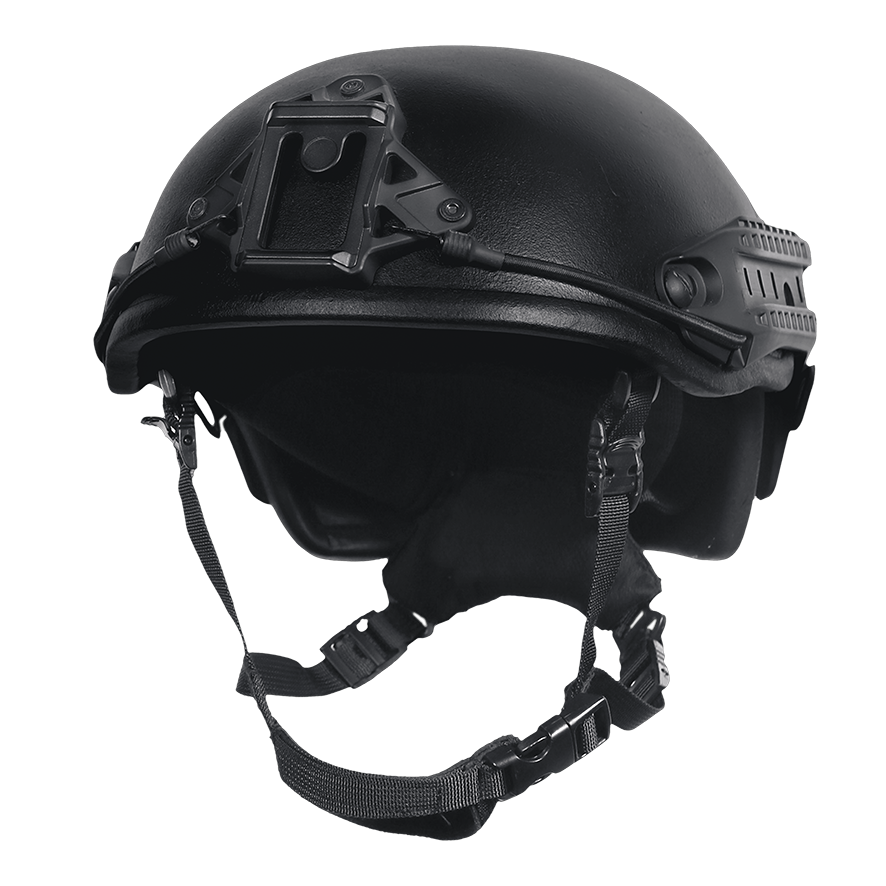 Black ballistic helmet with straps on a gray background