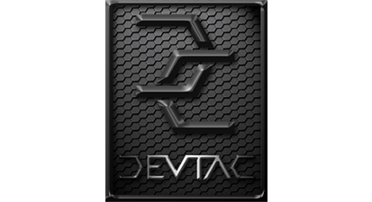 Devtac logo black textured background with stylized letter D and text Devtac