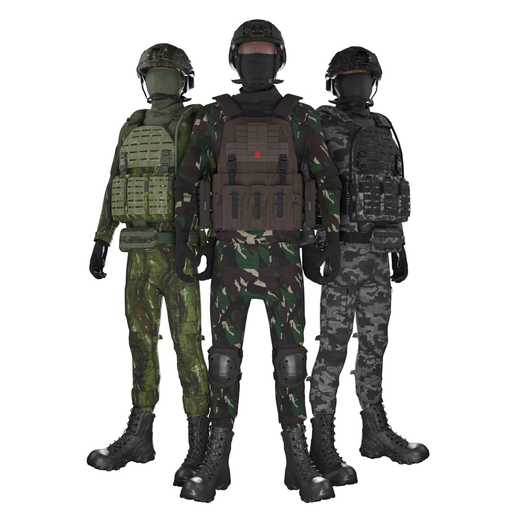 Three soldiers in tactical gear standing side by side on black background