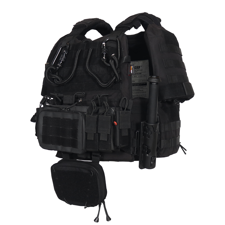 Black tactical ballistic vest with pouches on black background