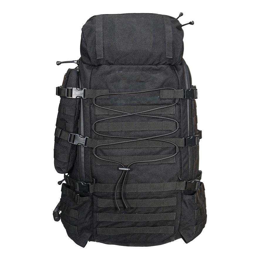 Green and black tactical backpacks on black background